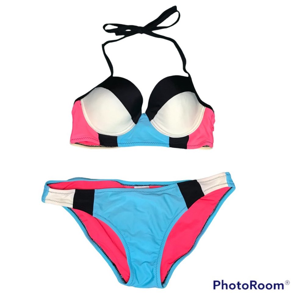 Xhilaration S/P Teal Pink Multicolor Padded Underwire Bikini Set Adjustable Ties